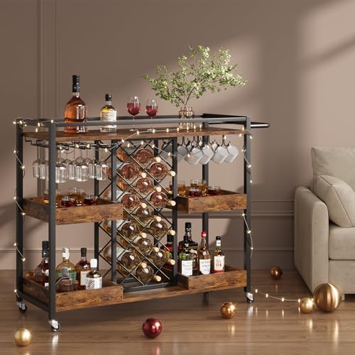Bar Cart, 39.4 Inches Width 3 Tier Bar Carts for The Home, Home Bar & Serving Carts, Rolling Bar Cart with Wheels, Drink Cart with Wine Rack & Wine Glass Holder Up to 48 for Kitchen-Brown