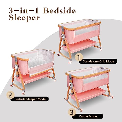 Baby Bassinet, Bedside Bassinet for Baby, 6 Height Adjustable Baby Bed, 3 in 1 Bassinet Bedside Sleeper with Wheels, Mosquito Net, Portable Bedside Crib for Infant/Baby/Newborn (Light Grey)