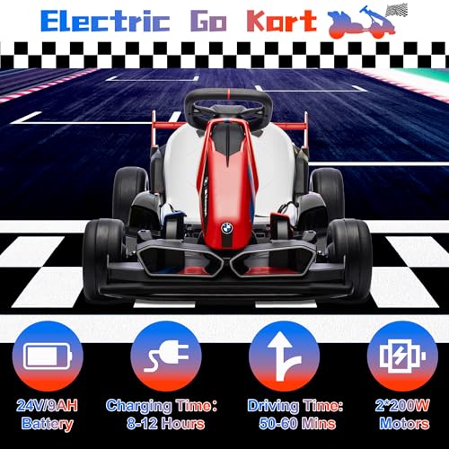 Licensed BMW Electric Go Kart for Kids Ages 6-12, 24V 9AH Drift Kart with Two 200W Motors, LED Lights, Drift Mode& 2 Speed Modes, Adjustable Seat (White)