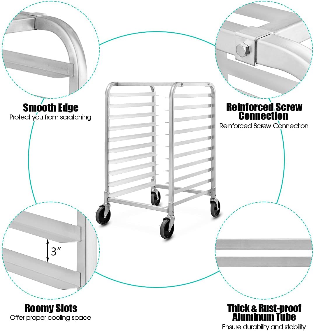 10 Tier Sheet Pan Rack, Commercial Aluminum Full & Half Bun Pan Bakery Rack with Brake Wheels for Restaurant Home Kitchen