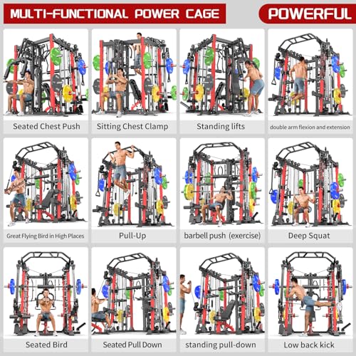 L05/07 Smith Machine，Multi-Function Squat Rack Power Cage with Cable Crossover System,with Weight Bench, Olympic Barbell Weight Set, for Home Gym