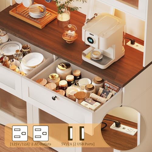 71" Kitchen Pantry Cabinet with Lights & Acrylic Doors, Pantry Storage Cabinet with Microwave Stand, Kitchen Hutch Food Cabinets with Charging Station, Adjustable Shelves, White