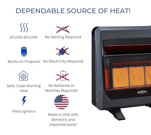 B20TNIR-BB Ventless Natural Gas Infrared Space Heater with Thermostat Control for Home & Office, 20000 BTU, Heats Up to 950 Sq. Ft., Includes Wall Mount, Base Feet, and Blower, Black