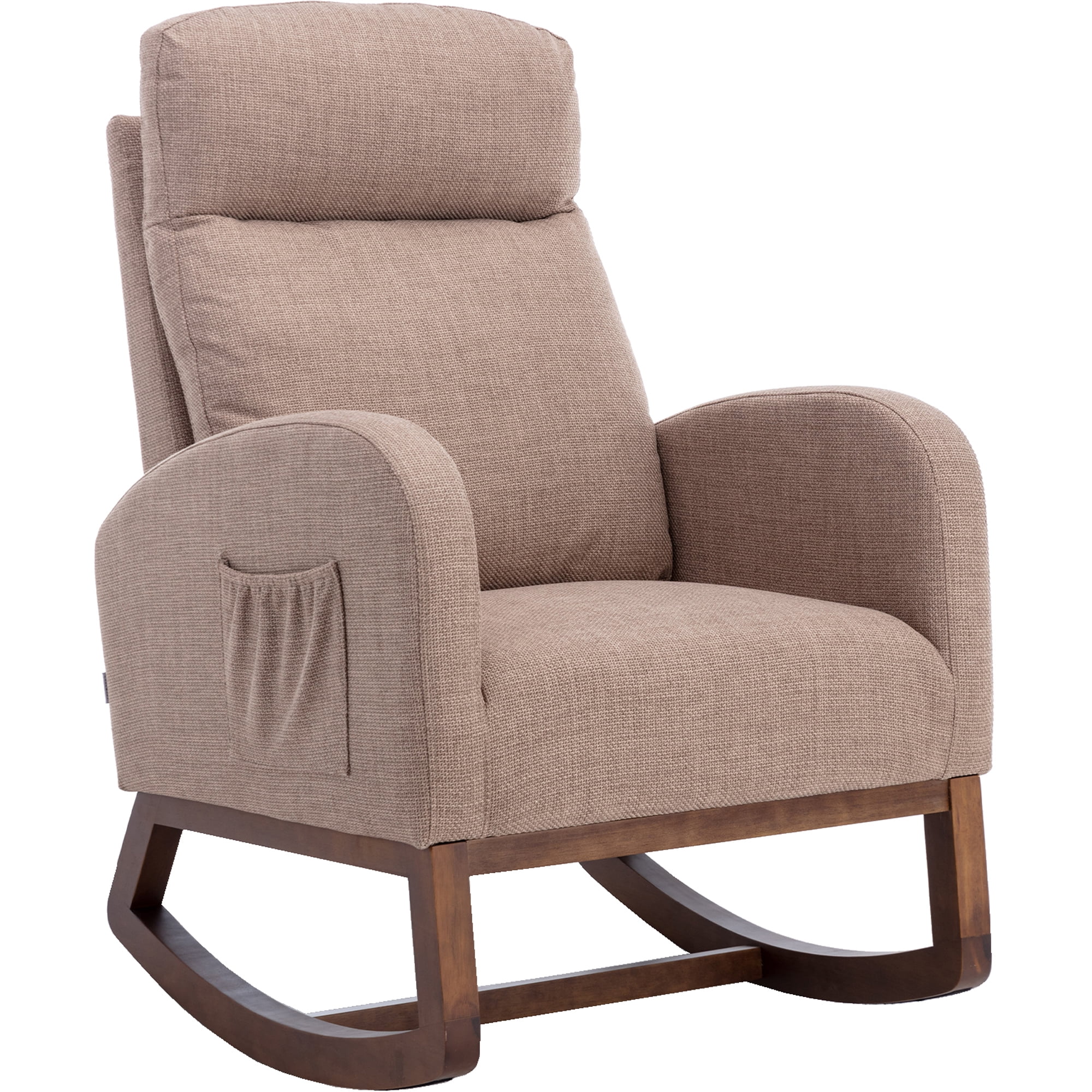 SYNGAR Modern Accent Rocking Chair, Upholstered Nursery Glider Rocker for Baby and Kids, Comfy Armchair with Side Pocket, Living Room Lounge Arm Chair, High Backrest with Wood Curved Base, Camel