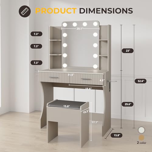 Vanity Desk with LED Lighted Mirror, Makeup Vanity with 3 Adjustable Lights, 2 Large Drawers and 4 Open Shelves, White Vanity with Storage Stool for Bedroom
