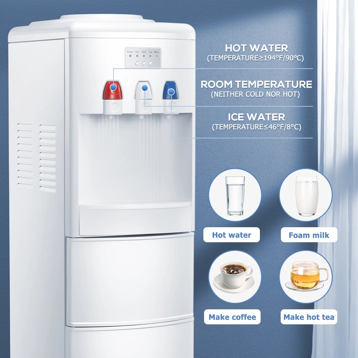 KISSAIR Water Cooler Dispenser with Built-in Ice Maker, Top Loading Water Coolers with 3 Temperature Settings - Hot, Cold & Room Temperature, 27Lbs/24H Ice Maker Machine with Child Safety Lock-White
