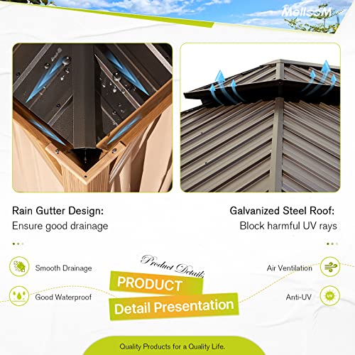 MELLCOM 12'x16' Hardtop Gazebo, Galvanized Steel Metal Double Roof Canopy with Curtains and Netting, Brown Permanent Pavilion Gazebos with Aluminum Frame for Garden, Patio, Lawns, Deck