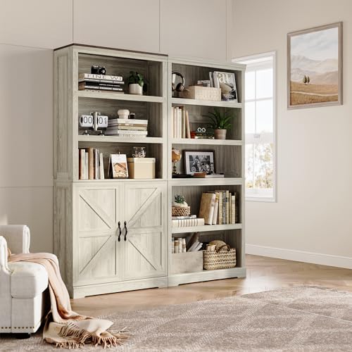 LINSY HOME Bookcases with Doors, Farmhouse Storage Cabinet 69 in Tall 5-Shelf Bookcase, Floor Standing Display Bookshelves with Adjustable Shelves for Living Room, Bedroom, Kitchen, Black