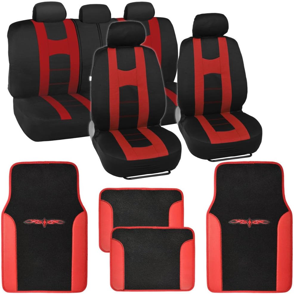 BDK Sport Series"Rome Sport" Black/Red Stripe Seat Covers w/Split Bench & Vinyl Trim Carpet Mats Full Set