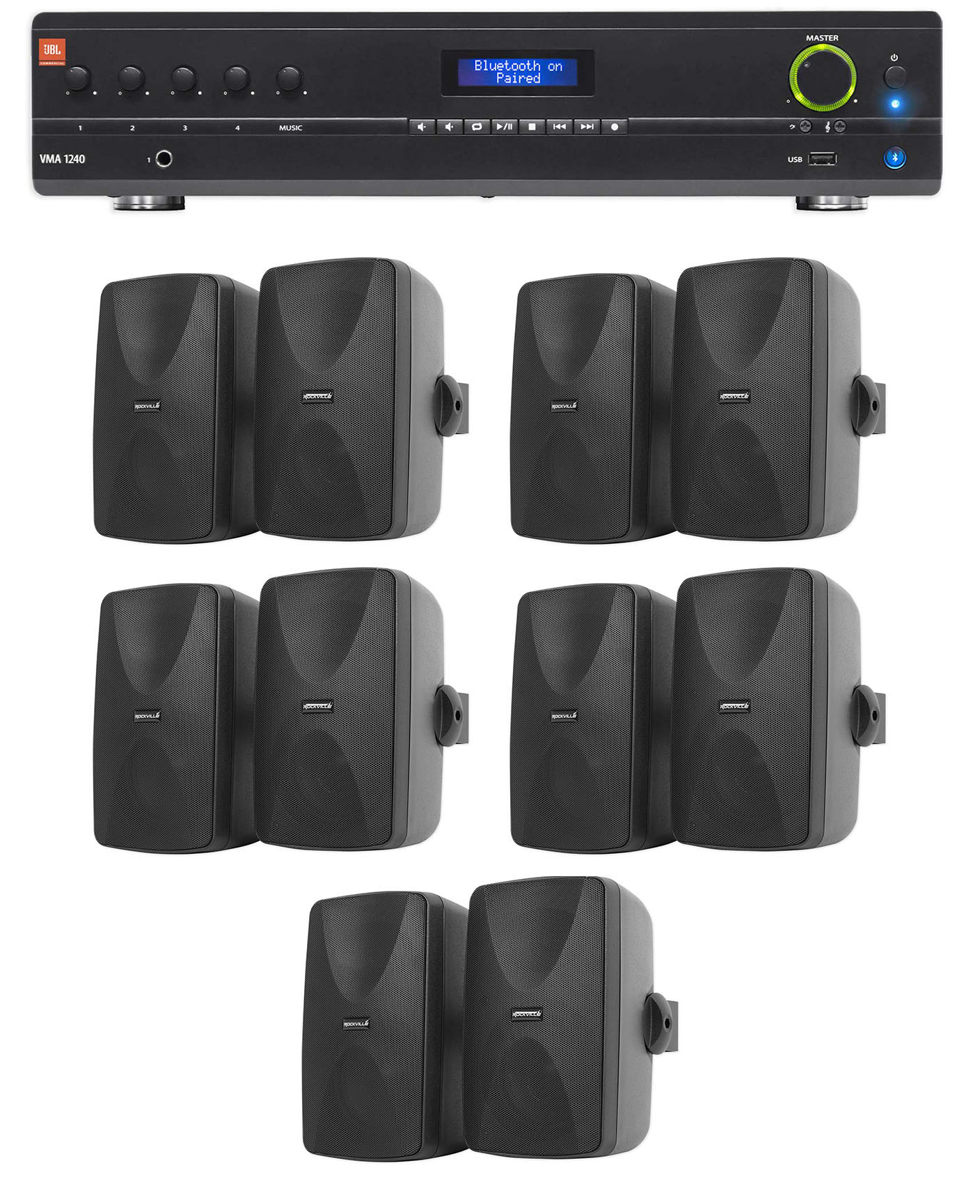 JBL VMA1240 Commercial/Restaurant 70v Bluetooth Mixer/Amplifier+10 Wall Speakers