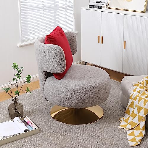 Swivel Accent Chair, Upholstered Barrel Chair with Pillow, 360 Degree Swivel Comfy Single Sofa Chair for Living Room, Bedroom, Lounge, Home Office (White with Orange Pillow, Teddy)