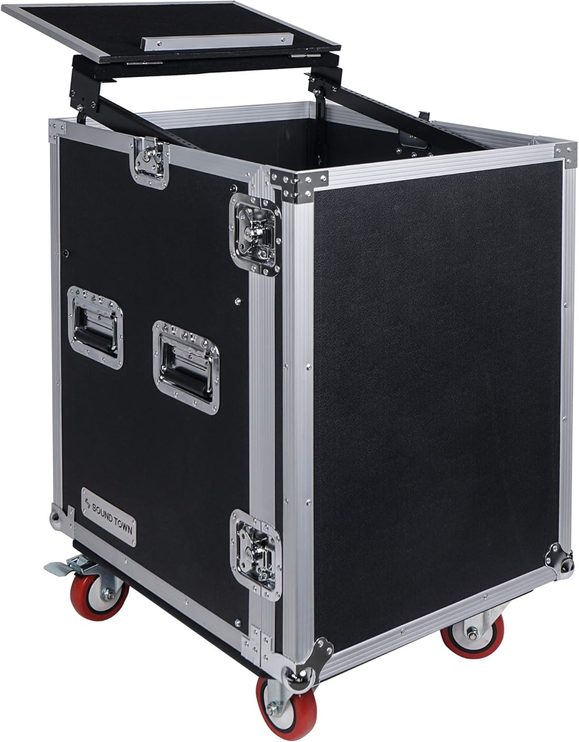 Sound Town 14U PA DJ Rack/Road ATA Case with 11U Slant Mixer Top, 20���� Rackable Depth, DJ Work Table and Casters, 14 Space Size, Pro Tour Grade (STMR-14UWT)