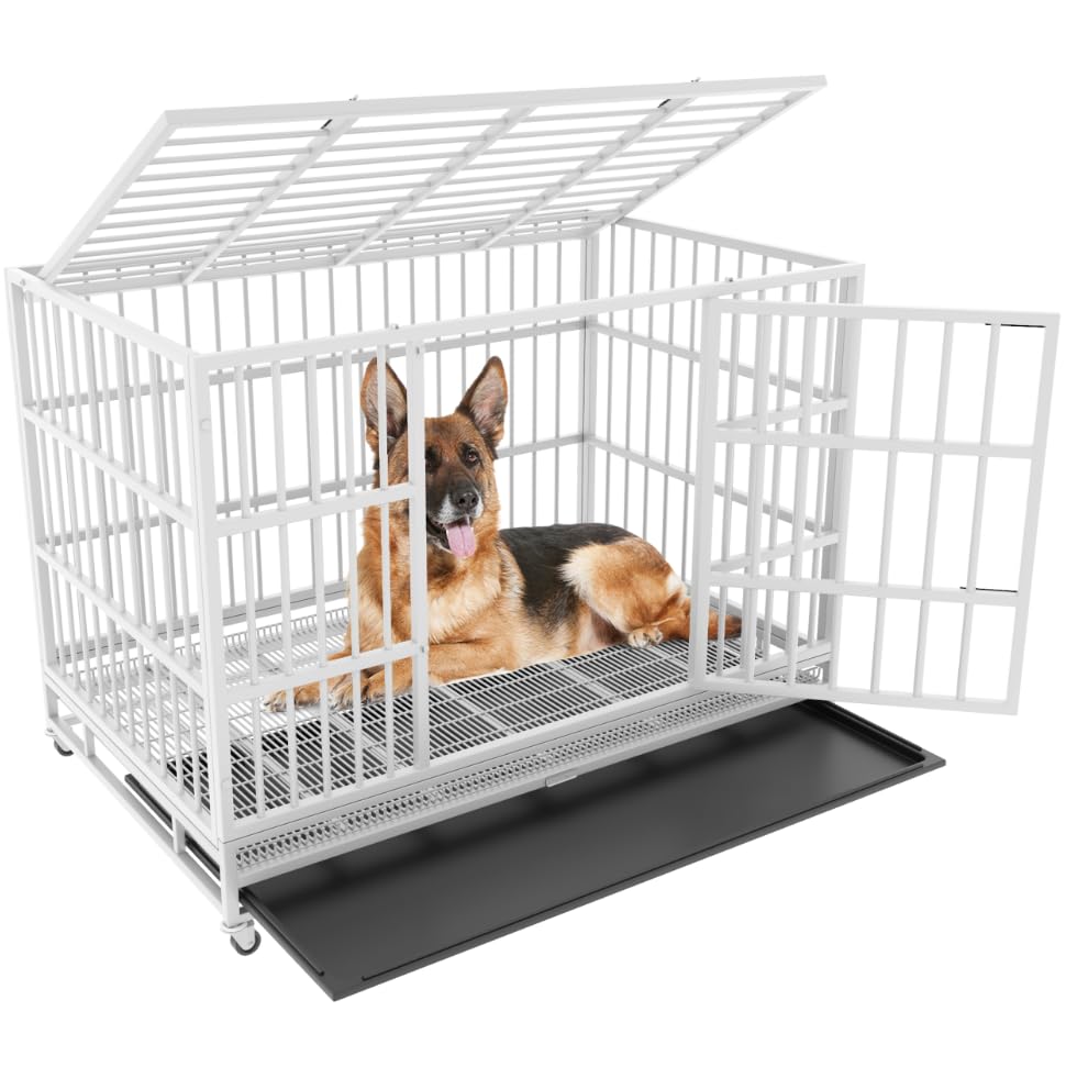 54/48/42/38 inch Heavy Duty Indestructible and Escape-Proof Dog Crate Cage Kennel for Large Dogs, High Anxiety Dog Crate with Removable Wire Trays and Wheels, Extra Large XL XXL