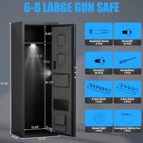 10-14 Rifle Gun Safe for Shotguns, Large Unassembled Gun Safe for Home Rifle and Pistols with Dual Alarm and Mute Mode, Long Gun Cabinet for Rifles with Touchscreen Pad, Removable Shelves