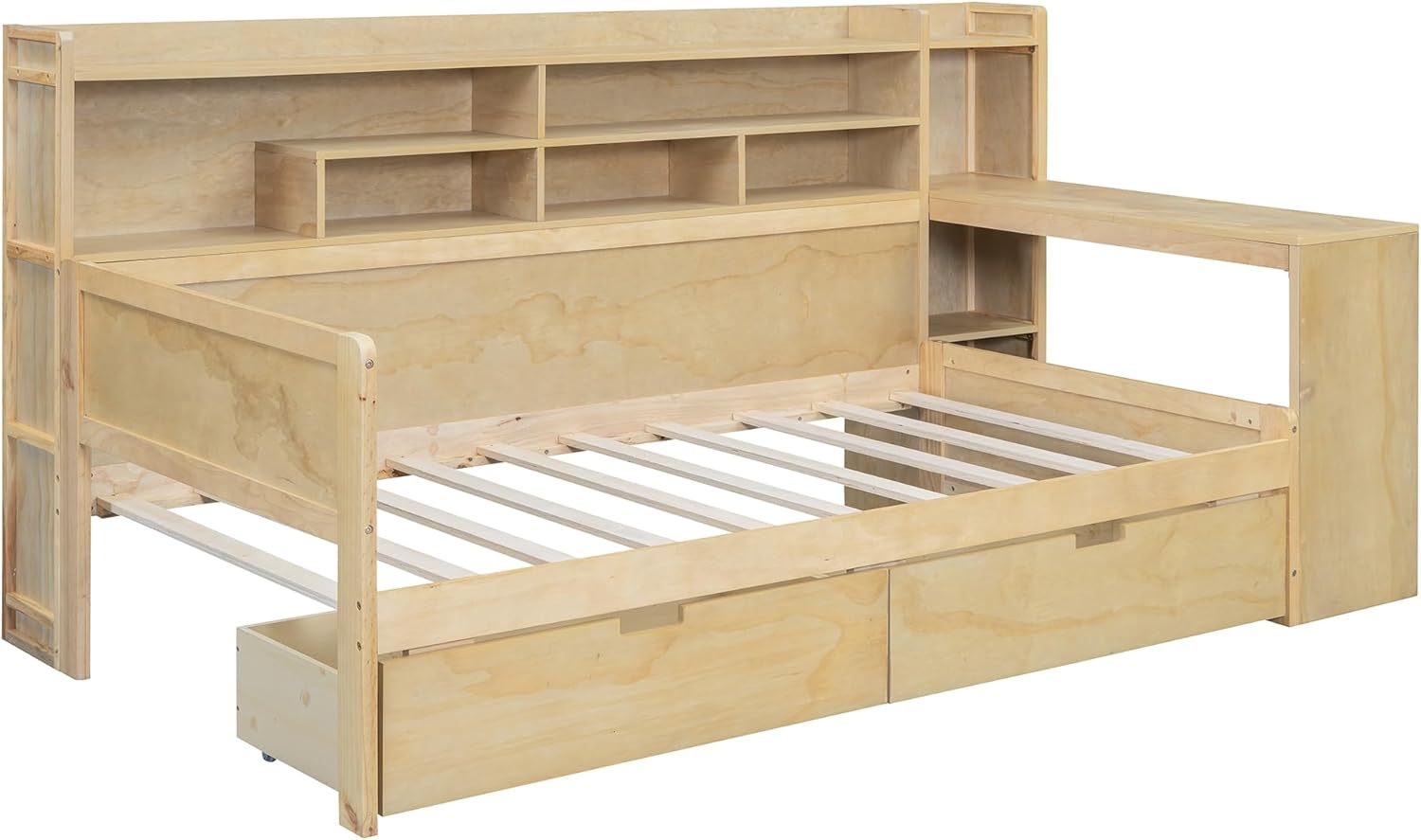 Twin Size Wooden Captain Bed Daybed with Storage Bookshelf, Study Desk and 2 Drawers, Multi-functional Storage Bed Frame for Bedroom Furniture, Space-Saving, Natural