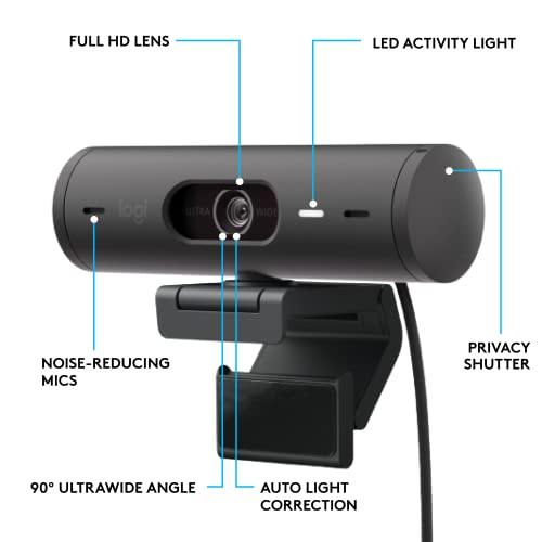 Logitech Brio 500 Full HD Webcam with Auto Light Correction,Show Mode, Dual Noise Reduction Mics, Webcam Privacy Cover, Works with Microsoft Teams, Google Meet, Zoom, USB-C Cable - Rose