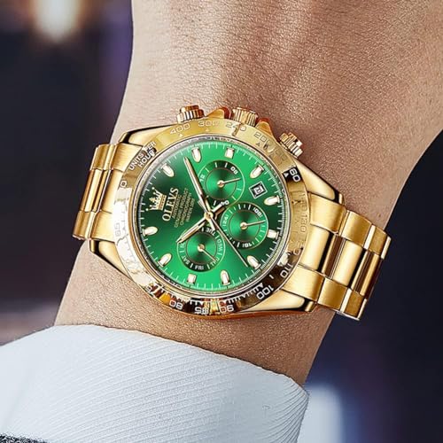 OLEVS Gold Watches for Men Automatic Self Winding Luxury Waterproof Watch Calendar Stainless Steel Business Luminous Men's Wrist Watch
