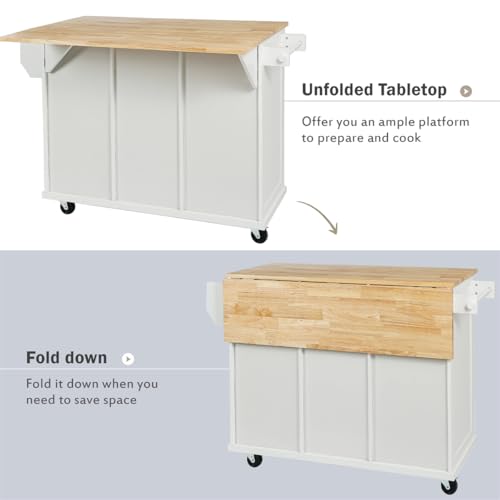 Kitchen Island with Storage, Rolling Kitchen Cart on Wheels with 3 Drawers and Internal Storage Racks, Rolling Mobile Portable Kitchen Cart with Drop-Leaf Countertop and Spice Rack (Black)