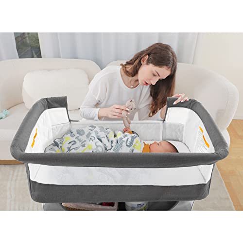 Ihoming Baby Bassinet Bedside Sleeper, 3 in 1 Convertible Design, lnfant Bed & Bed Side Sleeper & Cradle Bassinets, Newborn Bedside Crib Attaches to Bed, Pink
