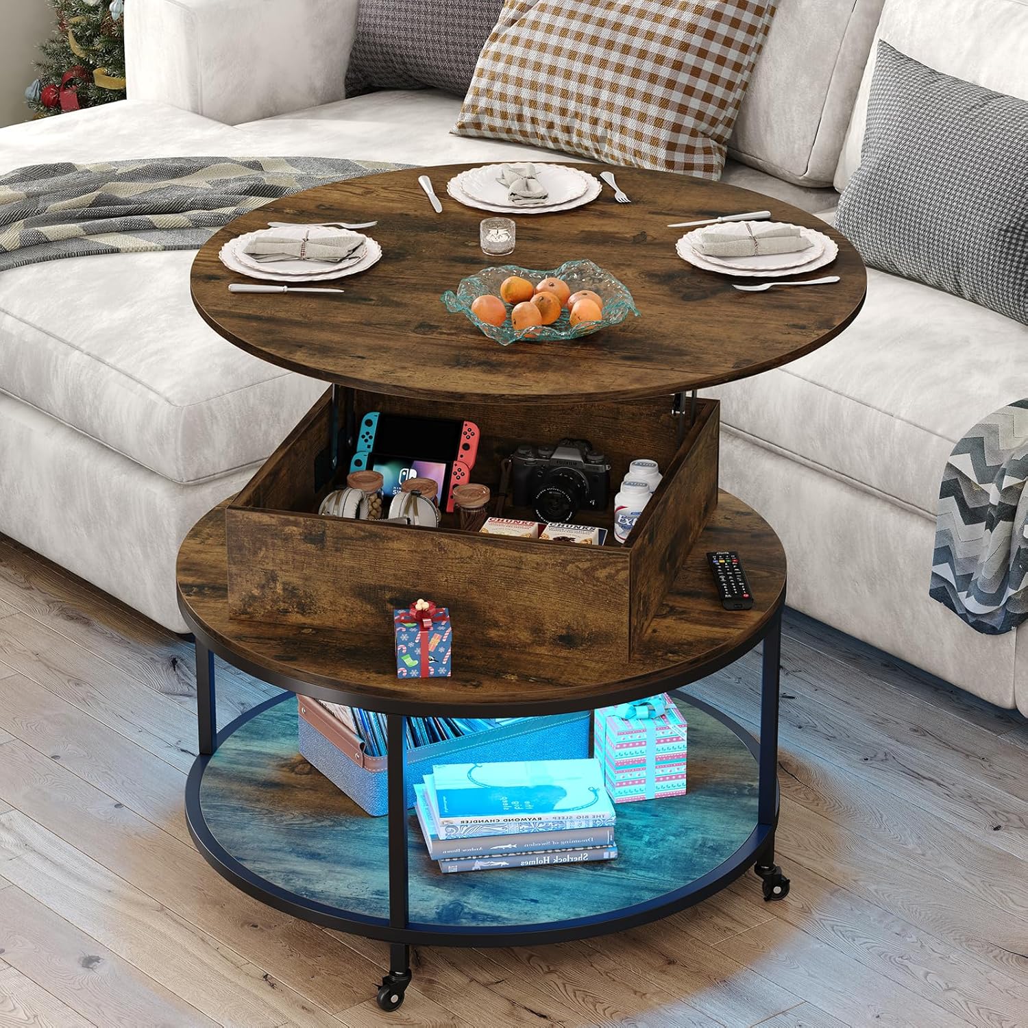 35.43''W Lift Top Round Coffee Table, Coffee Table with 2-Tier Storage, Modern Led Circle Coffee Table with Hidden Storage Compartment & Wheels Dining Table for Home, Rustic Brown