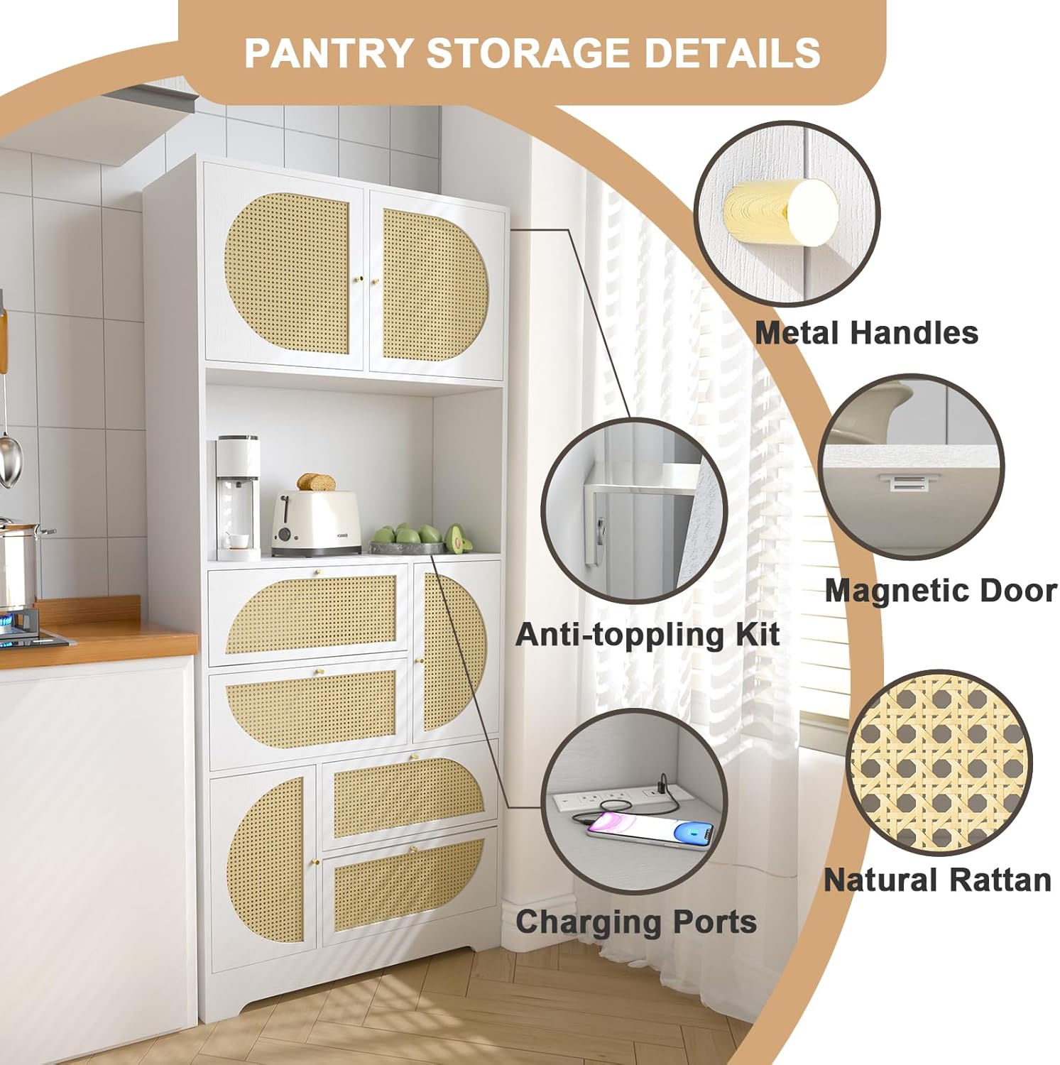 71" Tall Kitchen Pantry Cabinet, Kitchen Storage Cabinet Hutch Cabinet with Charging Ports and Microwave Stand, Rattan Kitchen Hutch with 4 Cabinets, 4 Drawers, for Dining Room Kitchen, White