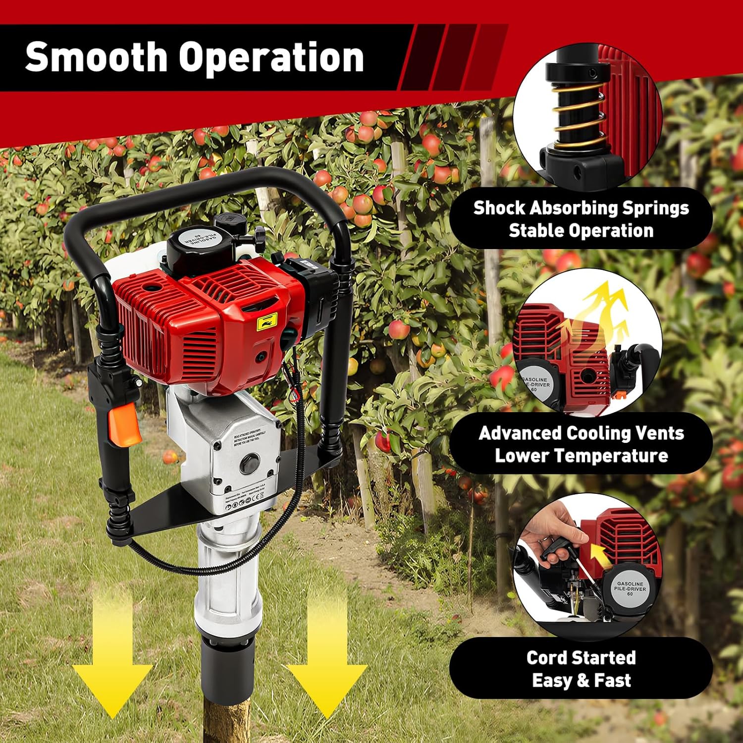 52CC 2 Stroke Powered T Post Driver,Gas-Powered T Post Driver Fence Post Pounder Driver, Heavy-duty Piling Fence/Pile Driver with 2 Post Driving Head (Speed 8500r/min)