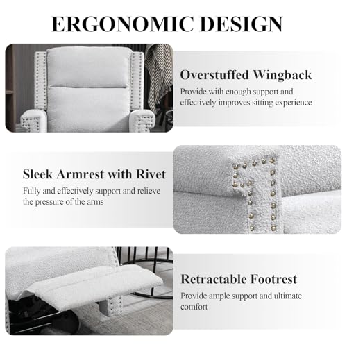 Wingback Swivel Recliner Chair, Mid Century Modern Push Back Accent Armchair, Upholstered Boucle Reclining Lounge Chair, Comfy Single Sofa Chair for Living Room, Bedroom, , Office, Nursery (Beige)