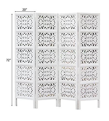Room Divider Wood Screen - Ghanti Bells Antique Brown - 4 Panel Folding 72 x 80 - Assembled Hand Carved Decorative Functional Versatile Portable Partition Reversible Privacy Boho - COTTON CRAFT