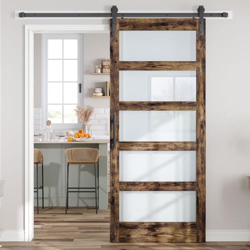 36x84 Inch Glass Sliding Barn Door Slab and 6.6ft Hardware Kit Included, 5 Frosted Glass, LVL Wood Panel Covered with White Water-Proof Scratch-Proof PVC Surface, Simple DIY Assembly