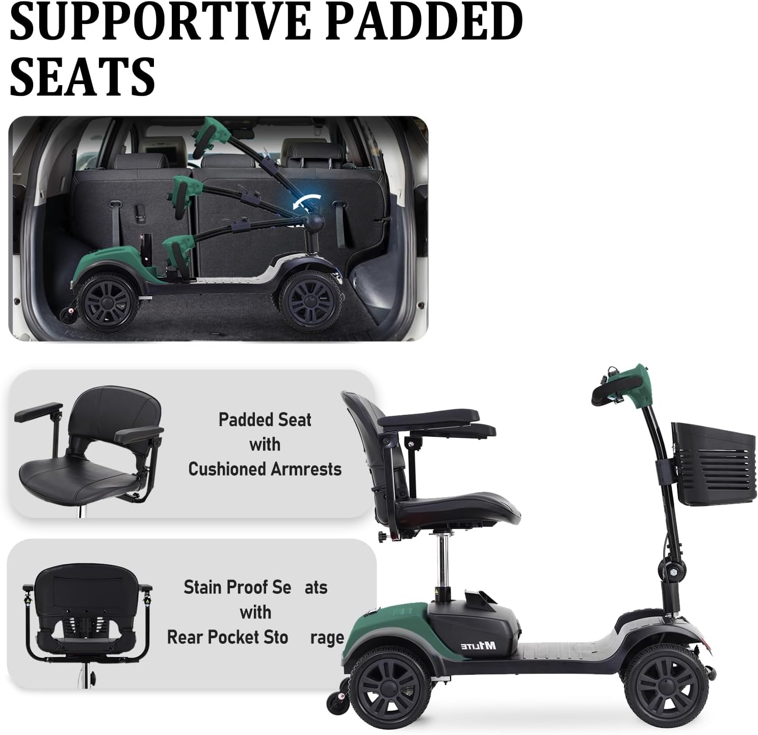 Electric Mobility Scooter for Adults Seniors Wheelchair Device for Travel 4 Wheel Folding Scooter with Seat-300 lbs Max Weight Long Range Power Extended Battery with Charger and Basket - Green
