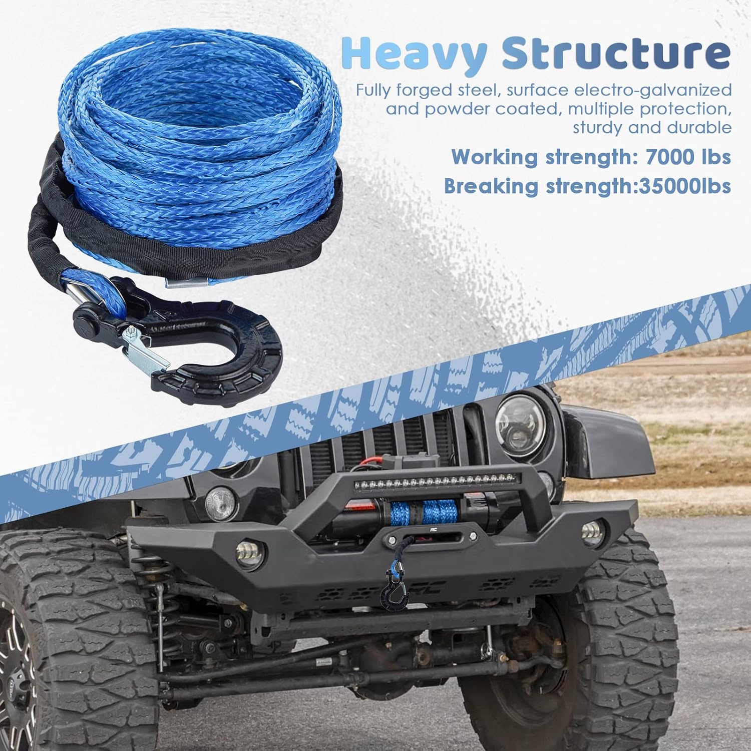 Synthetic Winch Rope 17/64'' x 50', 10000LBS 12 Strands Synthetic Winch Line Cable Rope with Protective Sleeve Winch Hook for Off Road Vehicle ATV UTV SUV Truck Boat Ramsey Pack of 2