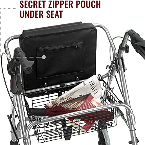 DMI Rollator Walker with Extra Wide Seat and Backrest, FSA HSA Eligible, Adjustable Handle Height, Removable Storage Basket, Burgundy