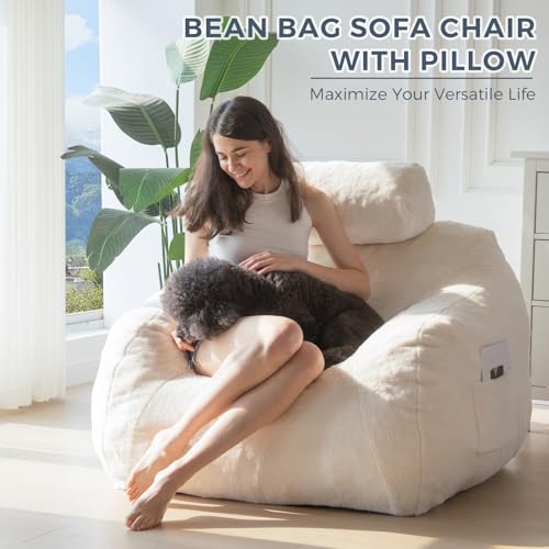 MAXYOYO Giant Bean Bag Chair with Pillow, Boucle Bean Bag Sofa for Adults,Large Upholstered Bean Bag Couch Lazy Sofa with Filler for Reading, Gaming, Black