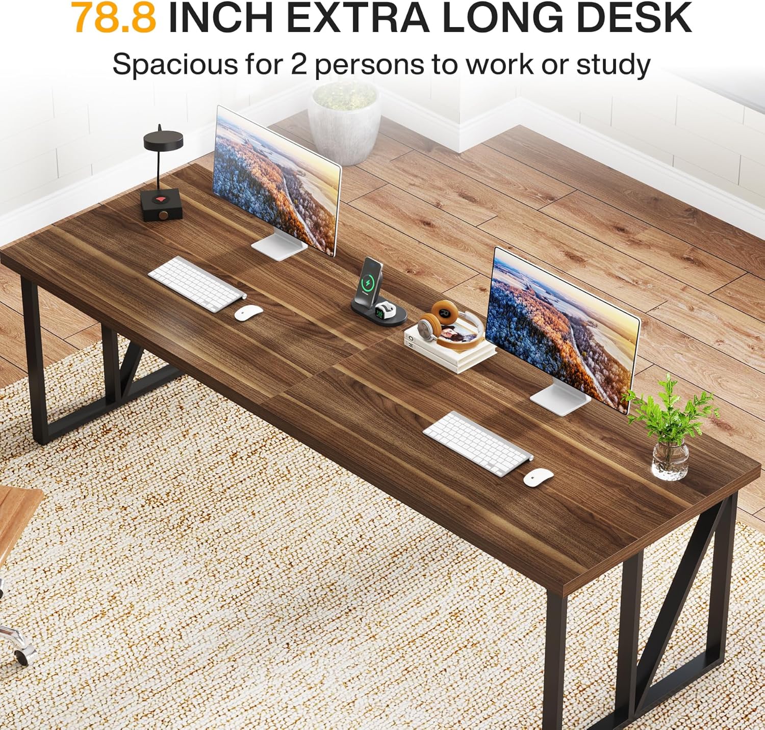 Tribesigns 2 Person Computer Desk: 78.7 Inches Extra Long Double Desk, Large Wood Home Office Desk, Industrial Craft Study Writing Table, Workstation Office Business Furniture, Brown