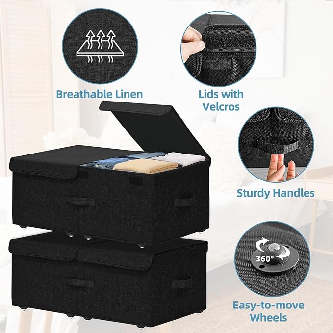 Under Bed Storage Container with Wheels, 2 Pack 10 High Deep Underbed Rolling Box Storage Bins Drawers with Lids for Bedroom, Dorms, Clothes, Shoes, Blankets, No Assemble Required, Black