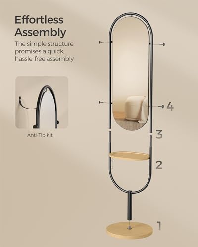 SONGMICS Full-Length Floor Mirror, 3-in-1, Modern Standing Full Body Mirror, Inspired by Original Award-Winning Design, 16.5 x 18.9 x 68.9 Inches, Living Room, Bedroom, Oak Beige and Ink Black