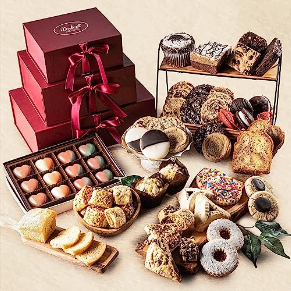 Dulcet 4-Tier Chocolate Gift Basket – Gourmet Tower for Christmas, Valentine’s Day, Get Well Soon – Deluxe Snack Tower with Cookies, Candies, Pies