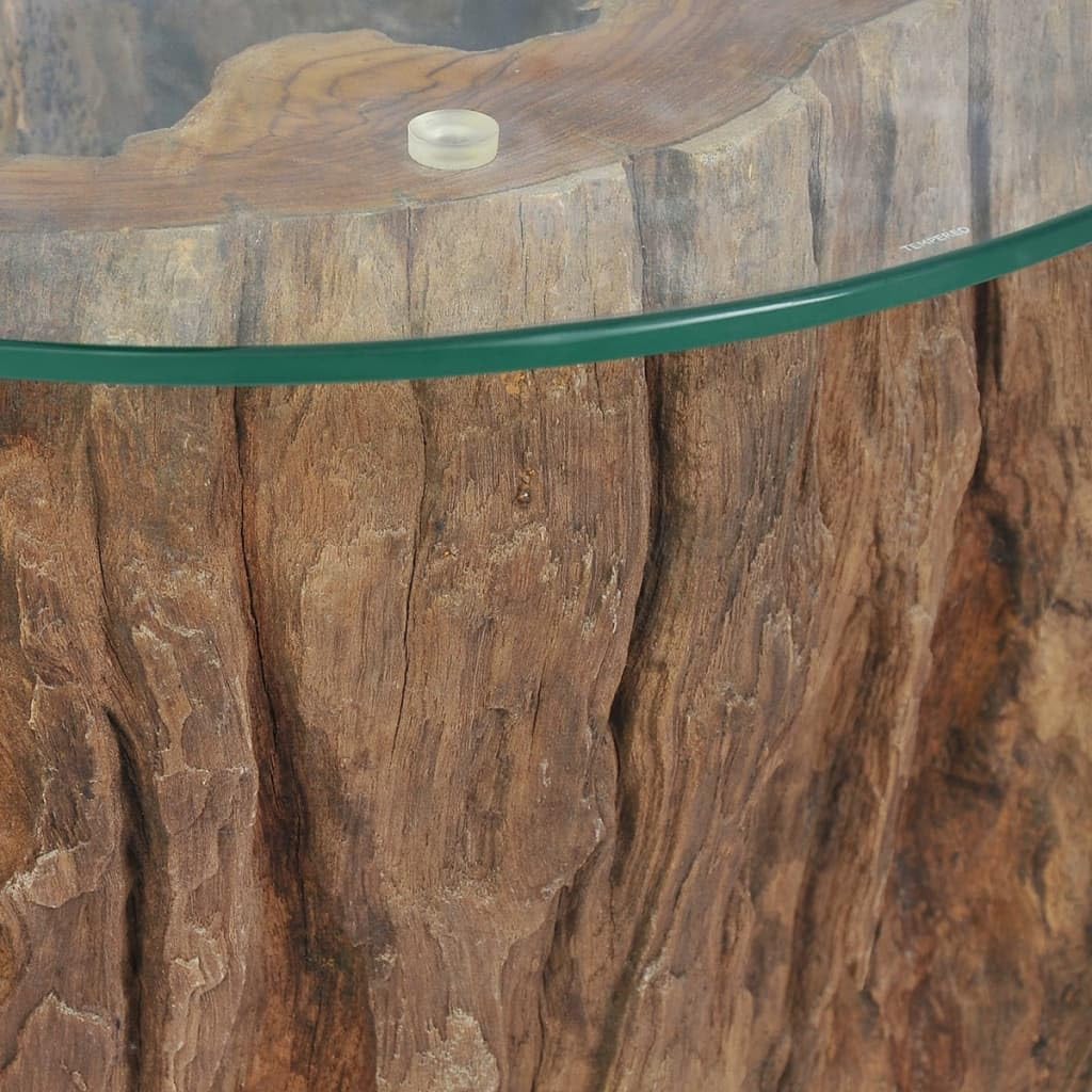 Teak Tree Stump Coffee Table, Natural Wood Side Table with Tempered Glass Top & Teak Base, Solid Wood Round Sofa Table, Tea Stand, Living Room