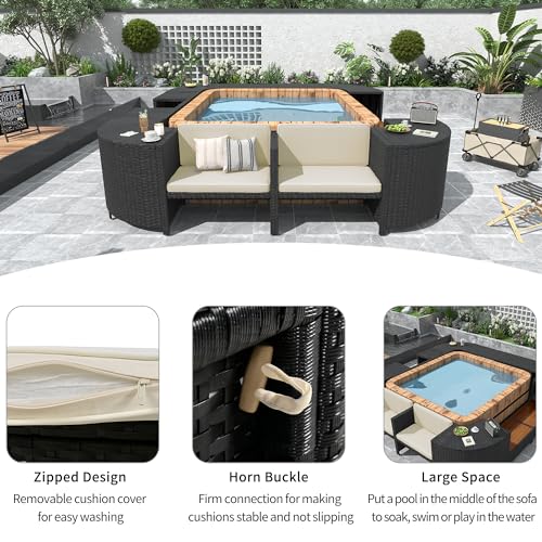 Harper & Bright Designs Spa Surround Spa Frame Quadrilateral Outdoor Rattan Sectional Sofa Set with Mini Sofa,Wooden Seats and Storage Spaces for Free Combination,Cream Beige