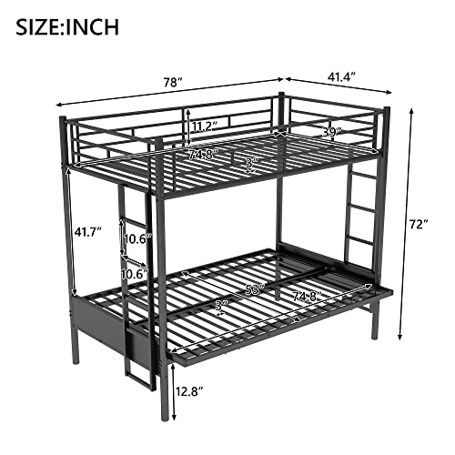Harper & Bright Designs Twin over Futon Bunk Bed,Metal Bunk Bed with Futon can easy conversion to Twin Over Full Bunk Beds, Futon Bunk Bed with Guardrails and 2 Ladders for Kids Teens, Black
