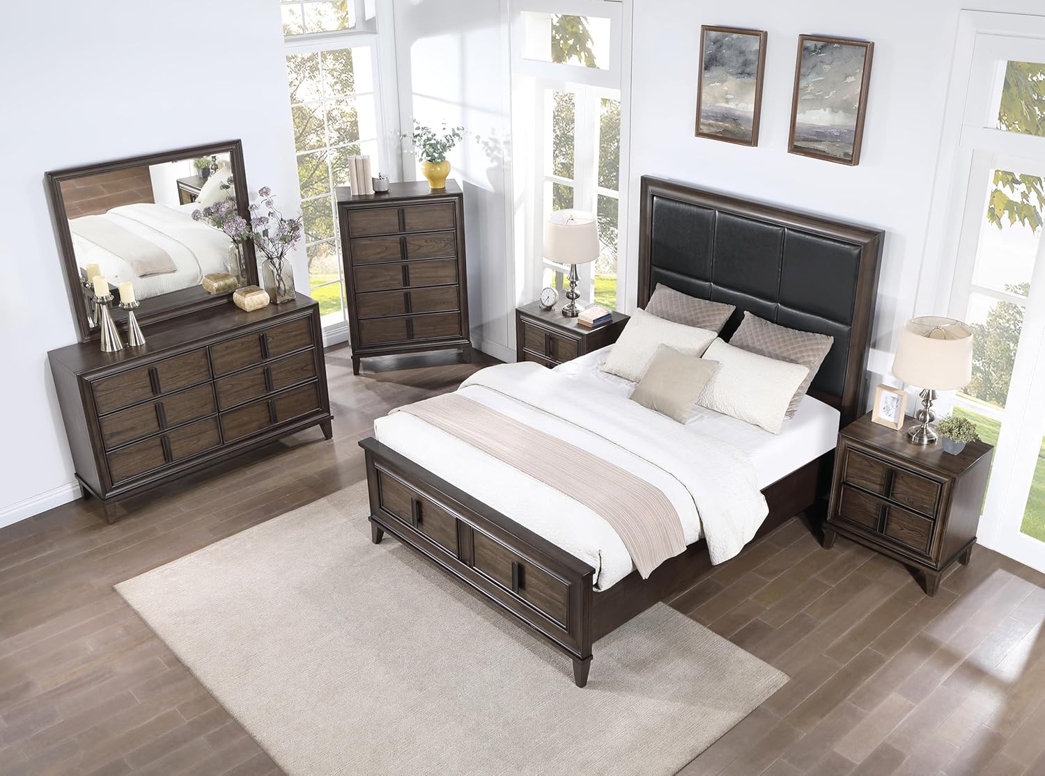 Roundhill Furniture Aetheria Contemporary Wood 6-Piece Bedroom Set, Upholstered Storage Panel Bed, Dresser, Mirror, 2 Nightstand, and Chest, Queen, Dark Brown