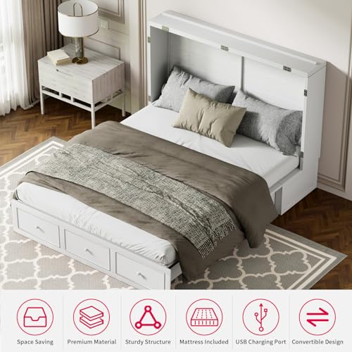 MUZZ Murphy Bed Queen with Foldable Mattress,Modern Cabinet Bed with Storage Drawer & USB Charging Station, Solid Wood Cube Cabinet Bed for Bedroom,Guest Room(Grey)