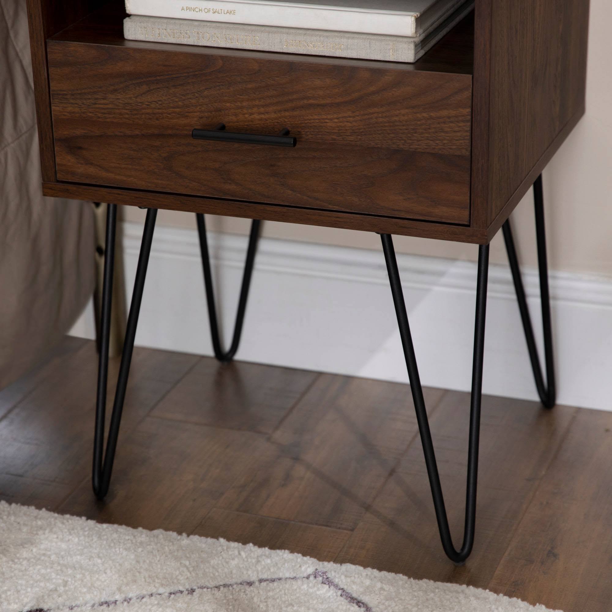 Amal Modern Single Drawer Hairpin Leg Side Table Dark Walnut - Saracina Home