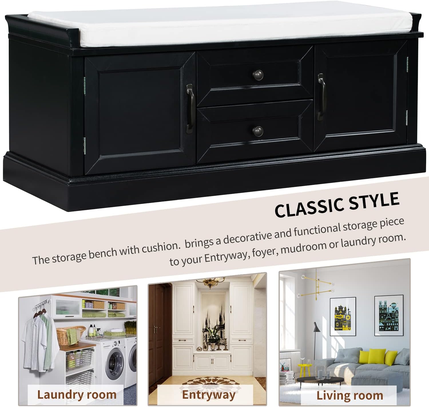NicBex Storage Bench with 2 Drawers and 2 Cabinets Modern Seat Bench with Storage and Seating Bench,Shoe Storage Organizer with Removable Cushion for Living Room, Entryway, Black