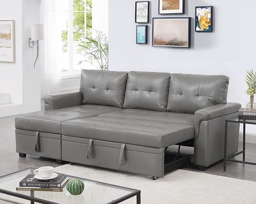 Naomi Home Jenny Sectional Sofa Sleeper with Storage Chaise, Tufted Pull Out Couch with Storage, L-Shaped Reversible Sleeper Sofa with Storage, Black,Air Leather