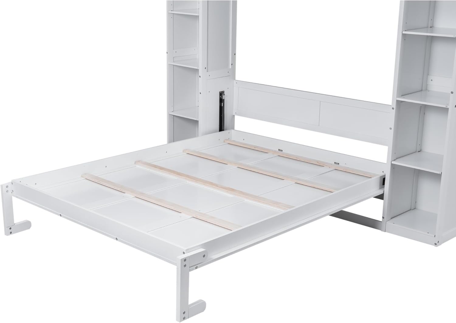 Merax Murphy Bed, Queen Size Wooden Wall Bed Shelves and LED Lights for Bedroom, Wood Slat Support, No Box Spring Needed, Easy Assembly, White