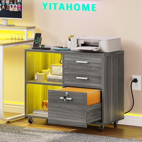 YITAHOME Wood File Cabinet, 3 Drawer Mobile Lateral Filing Cabinet, Storage Cabinet Printer Stand with Charging Station and Led Light for Home Office Organization, Black