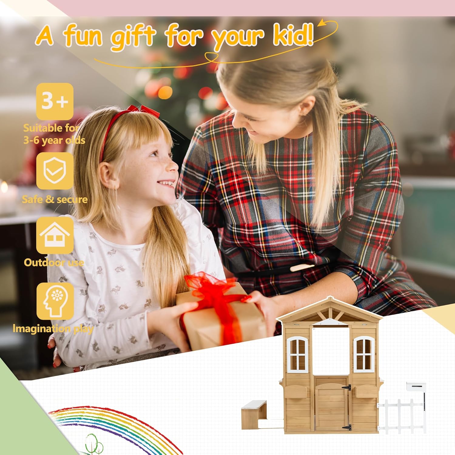 Wooden Playhouse for Kids, Outdoor Kids Playhouse with Working Door, Windows, Mailbox, Bench, Flowers Pot Holder, Playhouses for Kids Ages 4-8, 39" x 38" x 55.5"