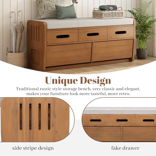 Rustic Storage Bench with 2 Drawers and Hidden Storage Space, Wooden Shoe Bench with Cushion and Striped Door Design for Living Room, Entryway, Hallway (White)