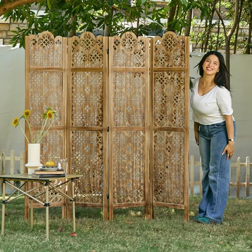 5.75Ft Room Divider Wood Carved Wall Divider Indoor Folding Portable Partition Screen for Home Office Garden Terrace - 4 Panel (Antique Brown)